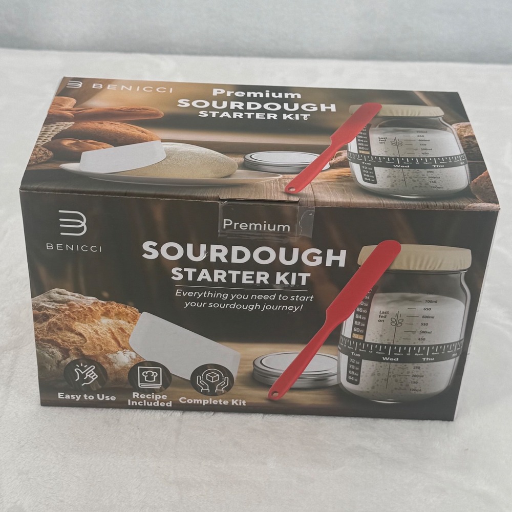 New Benicci Premium Sourdough Starter Kit Glass Jar Spatula Scraper Recipe Guide
